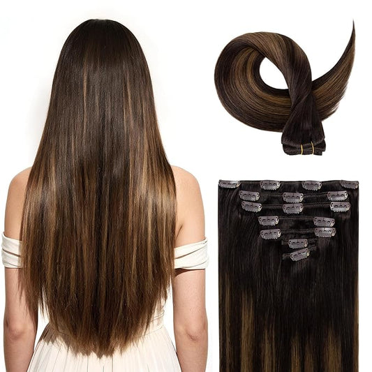 Clip in Hair Extensions Real Human Hair, Silky Remy Hair Extensions Clip Ins, Salon Quality Straight Human Hair for Women, Dark Brown to Chestnut Brown #2TP6/2 24Inch 120G 7PCS