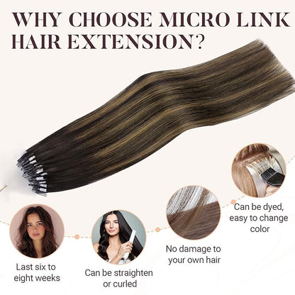 MAXITA Microlink Hair Extensions Human Hair Balayage Dark Brown Mixed Chestnut Brown Micro Bead Hair Extensions Virgin Human Hair, 50g/50 Strands/Pack, 18 In