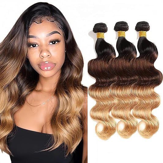 4/27 Human Hair Bundles Ombre Blonde Body Wave Bundle Niegmeag Virgin Soft and Silky Hair 3 Bundles 24 26 28 Inch Double Weft 4/27 Body Wave Bundle Hair Weave