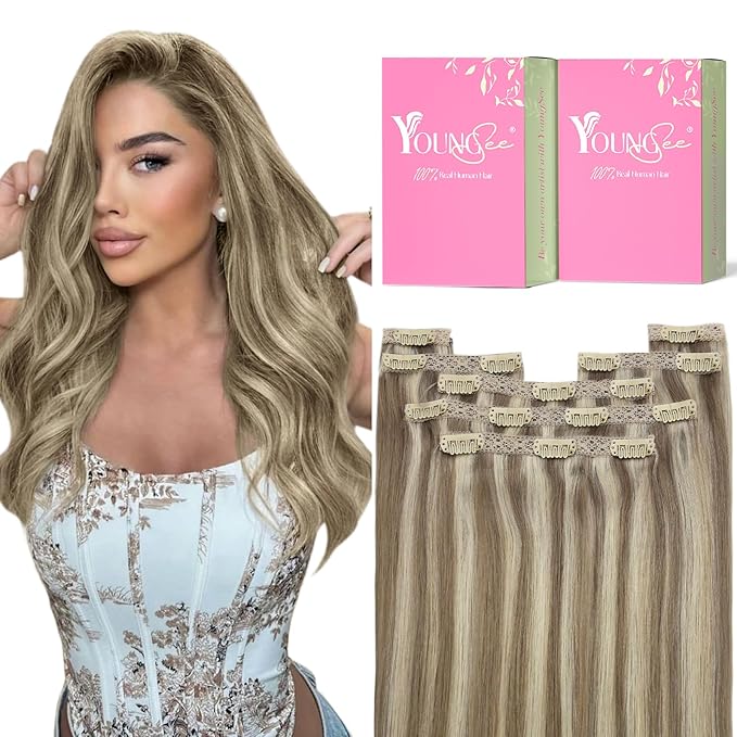 YoungSee Clip in Extensions Highlight Clip on Hair Extensions Human Hair Brown with Blonde Highlights Soft Clip in Hair Extensions Real Human Hair Save Styling Time 16Inch 7Pcs 120G