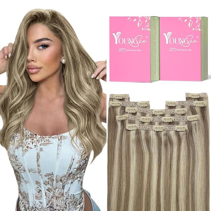 YoungSee Clip in Extensions Highlight Clip on Hair Extensions Human Hair Brown with Blonde Highlights Soft Clip in Hair Extensions Real Human Hair Save Styling Time 16Inch 7Pcs 120G