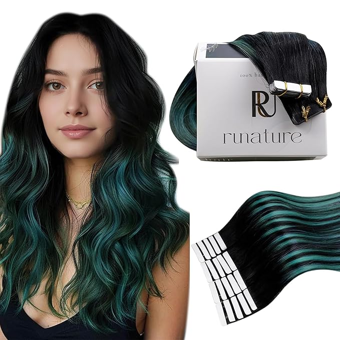 RUNATURE Human Hair Tape in Extensions 18 Inch Ombre Black Fading to Teal Long Invisible Tape in Hair Extensions Human Hair Straight Dark Blue Hair Extensions Tape in Real Human Hair Silky 50g 20pcs