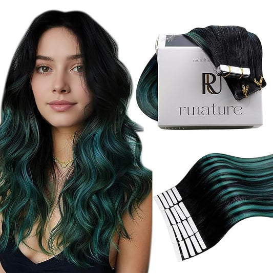 RUNATURE Human Hair Tape in Extensions 18 Inch Ombre Black Fading to Teal Long Invisible Tape in Hair Extensions Human Hair Straight Dark Blue Hair Extensions Tape in Real Human Hair Silky 50g 20pcs