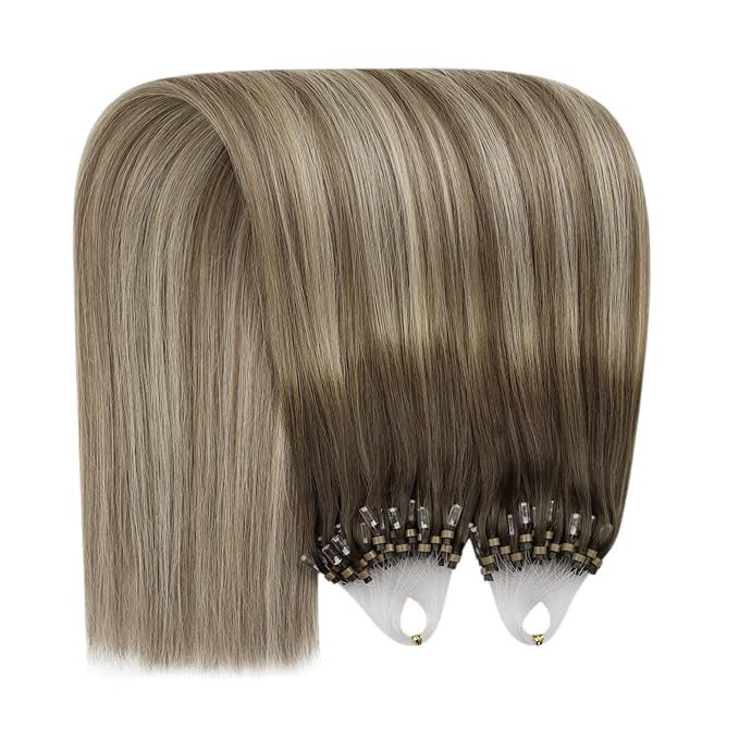 YoungSee Micro Beads Hair Extensions Balayage Micro Loop Hair Extensions Dark Brown Ombre Brown with Blonde Micro Hair Extensions 22In Bead Hair Extensions Soft and Shiny for Wedding 50s/50g