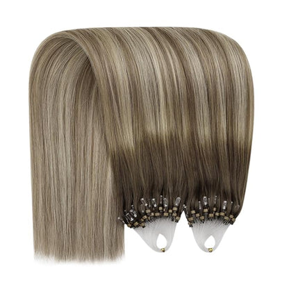 YoungSee Micro Beads Hair Extensions Balayage Micro Loop Hair Extensions Dark Brown Ombre Brown with Blonde Micro Hair Extensions 22In Bead Hair Extensions Soft and Shiny for Wedding 50s/50g