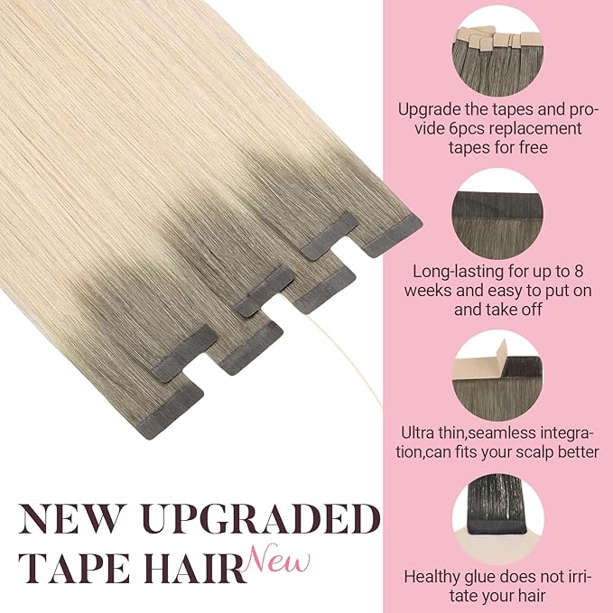 MAXITA Tape in Hair Extensions Human Hair Light Ash Brown to Ash Blonde 14 Inch Straight Seamless Invisible Skin Weft Thick Soft Silky Human Hair Extensions Tape