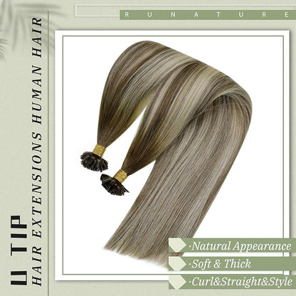 RUNATURE U Tip Hair Extensions Human Hair, Balayage Real Keratin Tip Extensions for Short Hair, Silky Remy Natural Hair, Hot Fusion Heat Resistant, 12 Inch 40g 50strands #3/8/22 Brown to Blonde