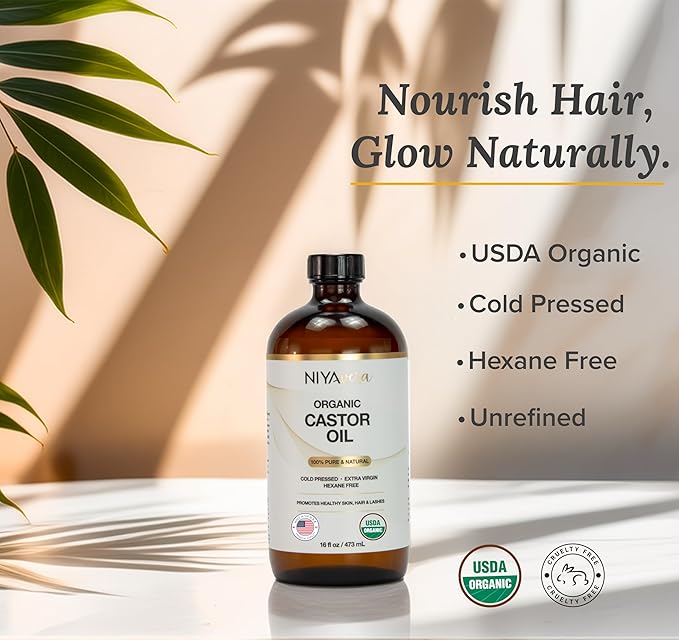 16oz Pure Castor Oil Organic Cold Pressed Unrefined, Hexane Free,Natural - Glass Bottle with Pump and 2 Cotton Flannels, USDA Certified, Golden Castor oil for Skin, Hair, Lashes, Nails & More