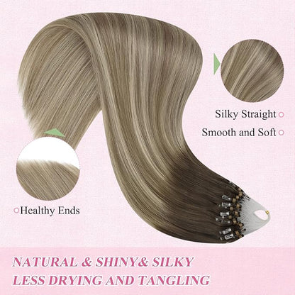 YoungSee Micro Beads Hair Extensions Balayage Micro Loop Hair Extensions Dark Brown Ombre Brown with Blonde Micro Hair Extensions 22In Bead Hair Extensions Soft and Shiny for Wedding 50s/50g
