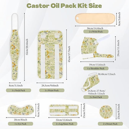 12 Pcs Castor Oil Pack Wrap, Reusable Castor Oil Pack Kit Organic Cotton for Shoulder Hands Neck Waist Chest Knees and Feet, Adjustable Compress Pads for Entire Body, Machine Washable(Green)