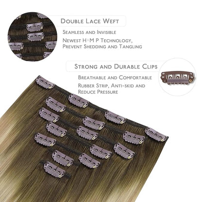 WENNALIFE Clip in Hair Extensions Real Human Hair, 18 Inch 120g 7pcs Human Hair Extensions Clip In Human Hair, Balayage Light Ash Brown to Light White Blonde Hair Extensions Clip In Real Hair Coloured