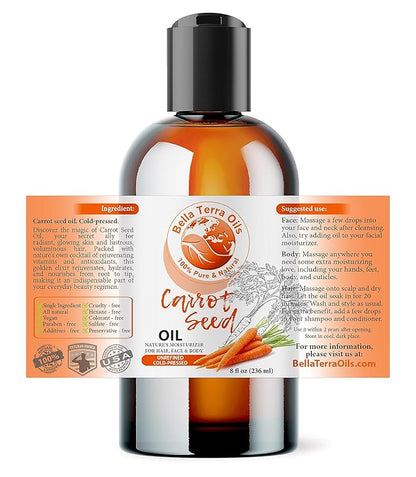 Bella Terra Oils - Organic Carrot Seed Oil 8 oz - Unveiling Organic Carrot's Enzymes & Nutritional Benefits, A Cold-Pressed Delight for a Natural Skin Glow