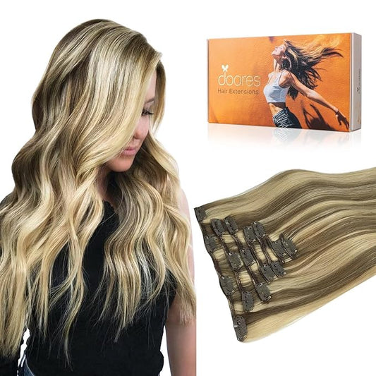 DOORES Clip in Hair Extensions, Ombre Medium Brown Highlighted Golden Blonde 24 Inch 7pcs 120g, Remy Hair Extensions Clip in Human Hair Extensions Natural Hair Extensions Thick Silky Straight