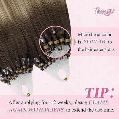 YoungSee Micro Beads Hair Extensions Balayage Micro Loop Hair Extensions Dark Brown Ombre Brown with Blonde Micro Hair Extensions 22In Bead Hair Extensions Soft and Shiny for Wedding 50s/50g