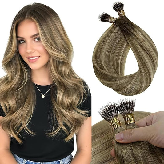 Sunny Hair Nano Hair Extensions Blonde Balayage Brown Nano Bead Hair Extensions Human Hair 20 inch Nano Bead Real Human Hair 50g