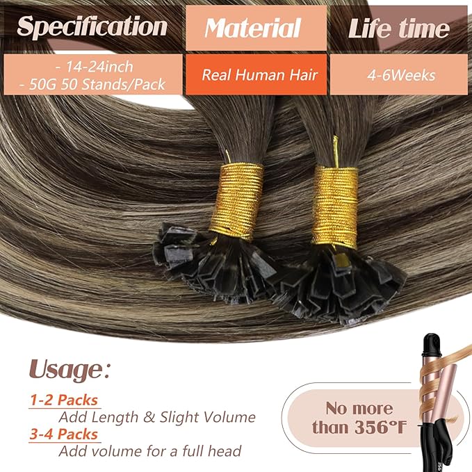 Sunny Hair Ktip Human Hair Extensions 22inch K Tip Hair Extensions Real Human Hair Ombre Dark Brown Mixed Ash Blonde Keratin Tips Extensions 50g