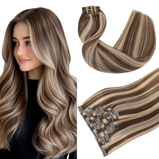 Youngsmile Real Human Hair Clip in Extensions, Clip in Hair Extension Human Hair, Thick End,18 Inch 120 Gram 7Pcs, Chocolate Brown Highlighted mixed Caramel Blonde (CLIP#4P27-18Inch)
