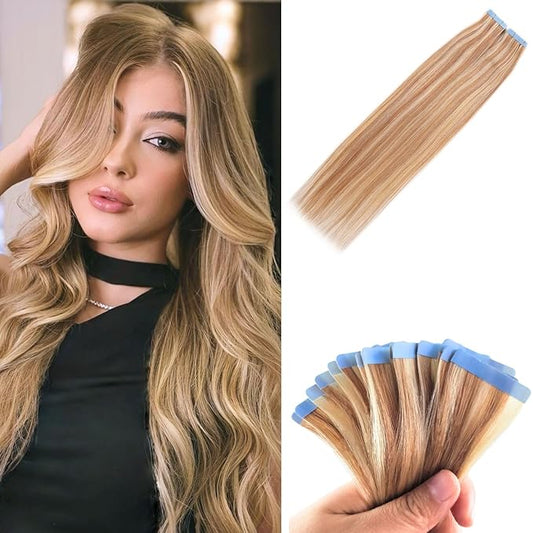 Blonde Tape in Hair Extensions Human Hair Invisible Long Diy Hair Extensions Tape in Silky Straight 22 Inch 20PCS 50G for Any Occasion