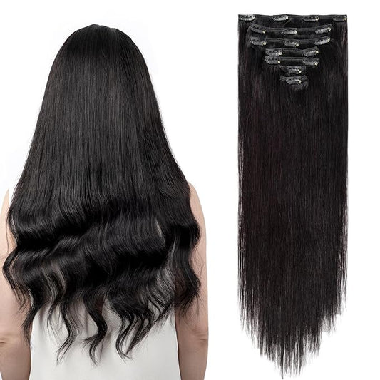 Clip in Hair Extensions Real Human Hair, Remy Hair Clip in Extensions Human Hair, Natural Black 100% Human Hair Extensions for Women #1B 16Inch 120G 7PCS