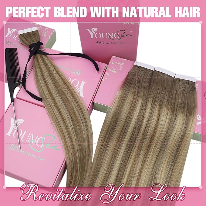YoungSee Human Hair Tape in Extensions Balayage Tape in Hair Extensions Human Hair Light Brown Ombre Blonde Tape ins Hair Silky Straight 20 Inch Seamless Hair Extension Soft 20pcs 50g