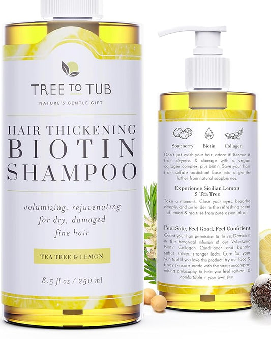 Tree to Tub Volumizing Hair Thickening Shampoo - Biotin, Collagen, Sulfate-Free Argan Oil Shampoo with Wild Soapberries and Sicilian Lemon Tea Tree Oil for Women & Men