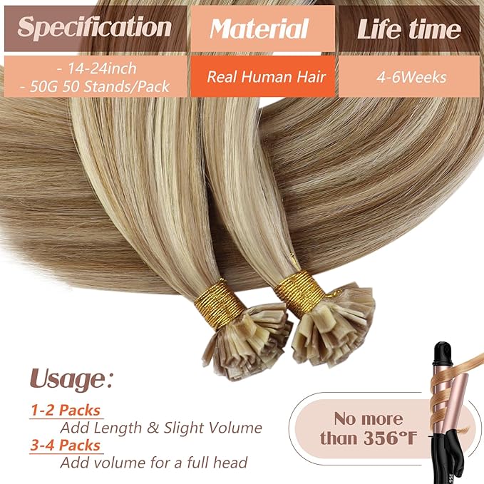 Sunny Hair Ktips Human Hair Extensions 22inch Keratin Hair Extensions Human Hair Light Brown Mix Platinum Blonde K Tip Hair Extensions Tangle-Resistant 50g