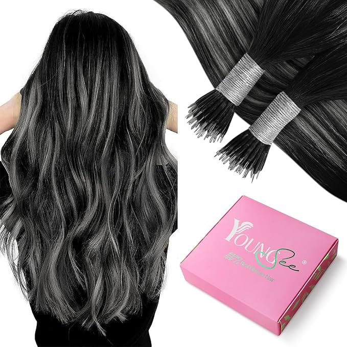 YoungSee Nano Loop Hair Extensions Black Ombre Nano Hair Extensions Real Hair Ombre Black to Silver Nano Bead Hair Extensions Human Hair Silver Human Hair Nano Ring Extensions Black 1g/s 50g 20inch