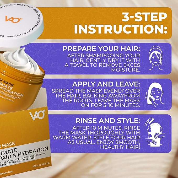VAO Deep Conditioning Hair Mask for Damaged Hair – Intensive Hydrating Hair Treatment with Argan Oil, Shea Butter, Keratin, Hyaluronic Acid – Deep Conditioner for All Hair Types – 11.8 Fl Oz