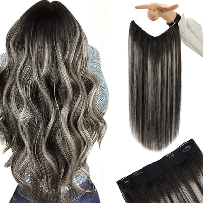 YoungSee Wire Hair Extensions Real Human Hair Ombre Secret Wire Human Hair Extensions Blend of Black and Silver with Black Roots Natural Hair Extensions Human Hair Silky Smooth Hair Extension 14In 80G