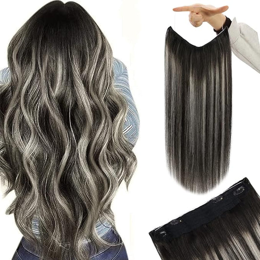 YoungSee Wire Hair Extensions Real Human Hair Ombre Secret Wire Human Hair Extensions Blend of Black and Silver with Black Roots Natural Hair Extensions Human Hair Silky Smooth Hair Extension 14In 80G