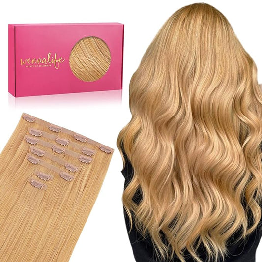 WENNALIFE Seamless Clip In Hair Extensions Human Hair, 14 Inch 130g 7pcs Strawberry Blonde Real Hair Extensions Clip in Human Hair Invisible PU Skin Weft Natural Remy Human Hair Extensions