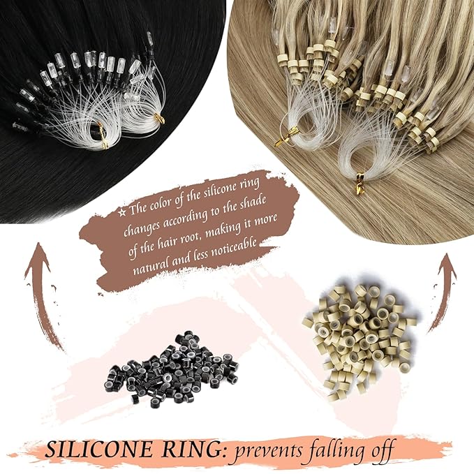 Sunny Hair Micro Link Hair Extensions Human Hair Brown Ombre Golden Brown Mix Blonde Micro Hair Extensions Real Human Hair Invisible Cold Fusion Micro for Women 14inch 50g