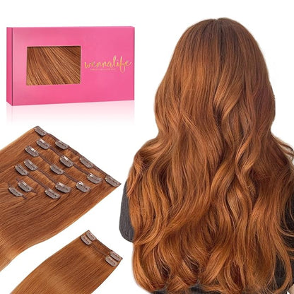 WENNALIFE Clip in Hair Extensions Real Human Hair, 20 Inch 150g 9pcs Human Hair Extensions Clip In, Dirty Ginger Hair Extensions Clip In Real Hair Coloured Remy Human Hair Extensions