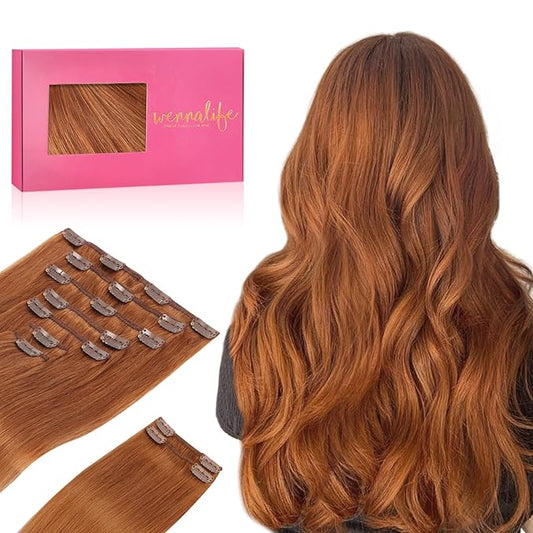 WENNALIFE Clip in Hair Extensions Real Human Hair, 20 Inch 150g 9pcs Human Hair Extensions Clip In, Dirty Ginger Hair Extensions Clip In Real Hair Coloured Remy Human Hair Extensions