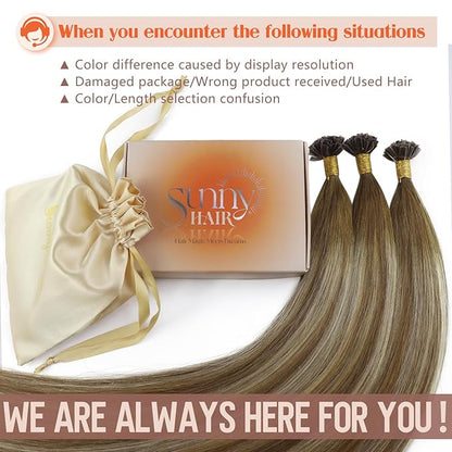 Sunny Hair K Tip Hair Extensions Real Human Hair Chestnut Brown to Platinum Blonde Balayage Keratin Human Hair Extensions 18inch Keratin Bond Hair Extensions Soft 50g