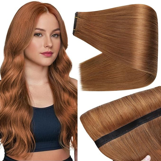 Full Shine Butterfly Weft Hair Extensions Human Hair Color Copper Hair Weft Genius Weft Extensions Remy Hair Micro Bead Extensions Invisible Pu Hole Weft For Party 18Inch 100G