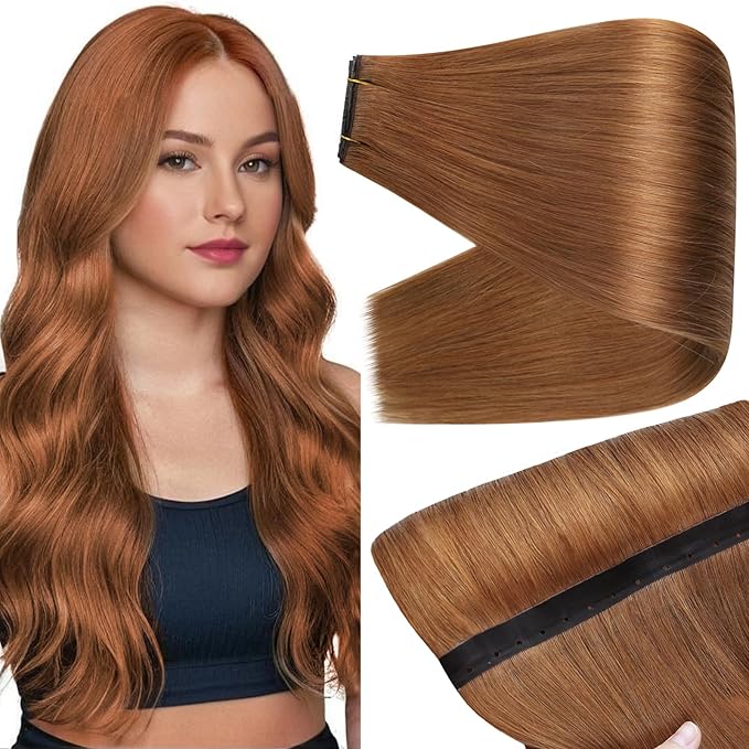 Full Shine Butterfly Weft Hair Extensions Color Copper Brown Invisible Pu Hole Weft Hand Tied Extensions Soft Hair 20 Inch Micro Ring Extensions Add Length 100G