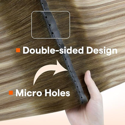 Full Shine Butterfly Weft Hair Extensions Human Hair Color Ombre Brown To Medium Blonde Double Pu Hole Weft Hand Tied Weft Extensions For Women 16 Inch Weave Bundles Add Volume 80 Grams
