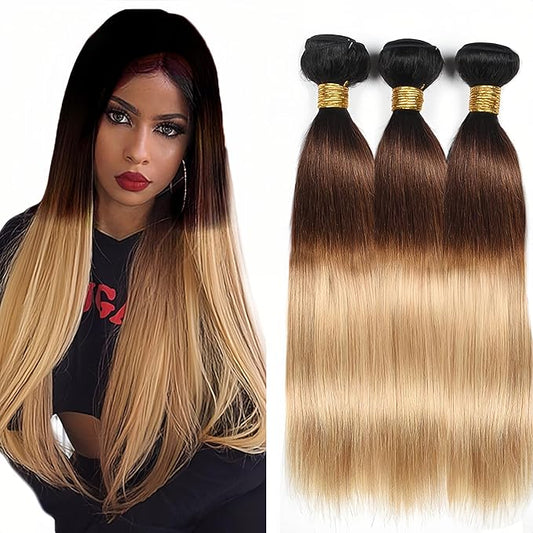 Ombre Bundles Human Hair Color 27 Straight Bundle 3 Tone Brown And Honey Blonde Straight Bundles 16 18 20 Inch Double Weft Virgin T1B427 Hair Weave