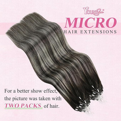 YoungSee Micro Link Hair Extensions Human Hair Ombre Bead Hair Extensions Real Human Hair Ombre Black to Silver Micro Human Hair Extension Soft 18In 50g 50s
