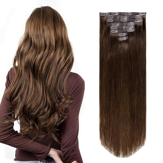 Clip in Hair Extensions Real Human Hair Chocolate Brown Seamless Clip In 100% Straight Remy Hair Extensions PU Skin Weft Add Volume for Women #4A 18Inch 120G 8PCS