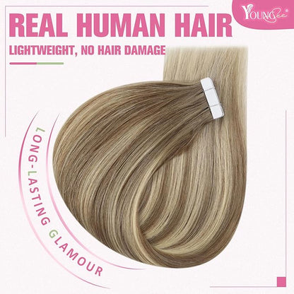 YoungSee Human Hair Tape in Extensions Balayage Tape in Hair Extensions Human Hair Light Brown Ombre Blonde Tape ins Hair Silky Straight 20 Inch Seamless Hair Extension Soft 20pcs 50g