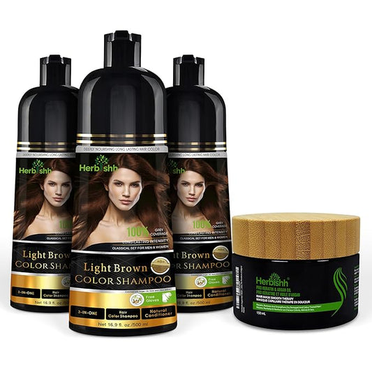 Herbishh Ultimate Grey Hair Color Shampoo Kit (3 Dye Shampoos + 1 Argan Mask) Smooth and Long-Lasting Color for Men & Women - Easy & Quick to Use Combo (Light Brown)