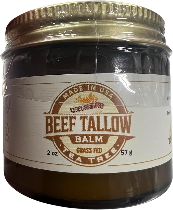 Beef Tallow Balm - 2 oz - Grown and Made in USA - Organic Grass Fed and Finished Tallow - Moisturizing Skin Care Tea Tree