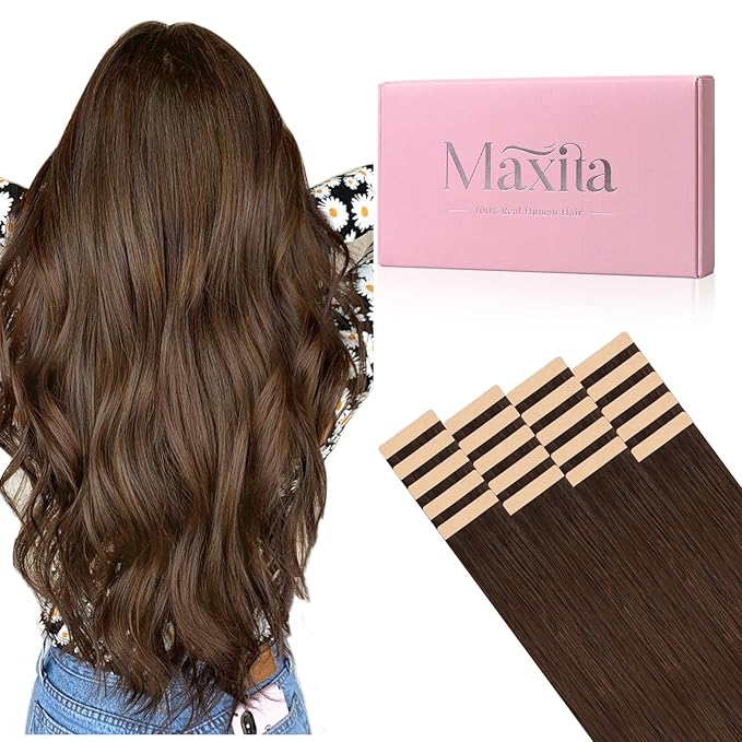 MAXITA Tape in Hair Extensions Human Hair, 16inch 50g 20pcs, Chocolate Brown Skin Weft Seamless Invisible Tape in Extensions,Silky Straight Thick Ends Hair Extensions, Remy Human Hair, Natural Look