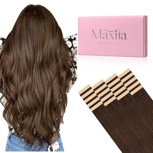 MAXITA Tape in Hair Extensions Human Hair, 16inch 50g 20pcs, Chocolate Brown Skin Weft Seamless Invisible Tape in Extensions,Silky Straight Thick Ends Hair Extensions, Remy Human Hair, Natural Look