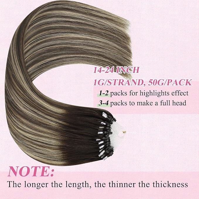 YoungSee Microlink Hair Extensions Human Hair Balayage Microloop Hair Extensions Human Hair Dark Brown Roots Ombre Blonde Bead Hair 18In 50g 50s Remy Extensions for Thin Hair