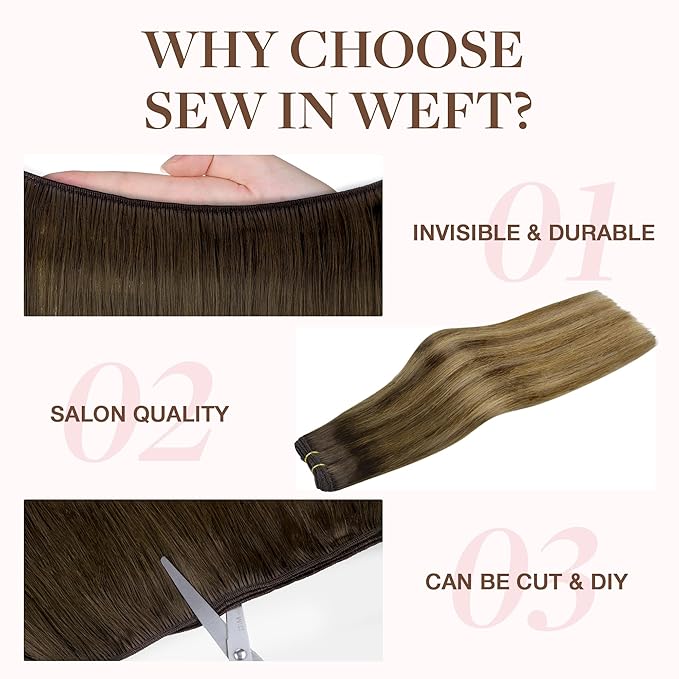 GOO GOO Sew in Hair Extensions Real Human Hair, Weft Hair Extensions Human Hair, 4D/14/5B Brunette Balayage 16inch 100g, Weft Bundles Straight Silky Remy Hair