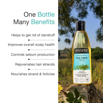Soulflower Tea Tree Hair Oil for Dandruff & Hair Loss Control, Scalp Treatment - 100% Pure, Organic, Natural, Coldpressed, Vegan - 225 ml