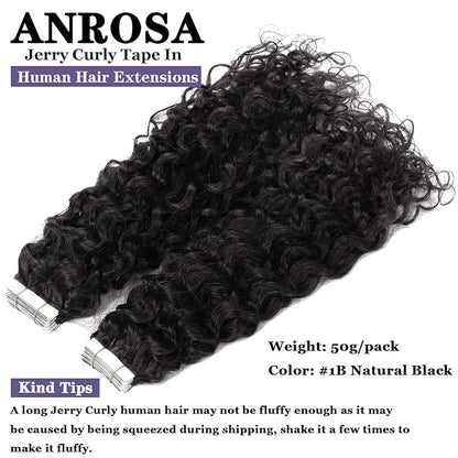 Anrosa Kinky Curly Hair Tape in Extensions Human Hair 3c Deep Curly Seamless Skin Weft Jerry Curly Tape ins Natural Black #1B Real Human Hair Tape in Extensions for Black Women 16 Inch 20 Pieces 50g